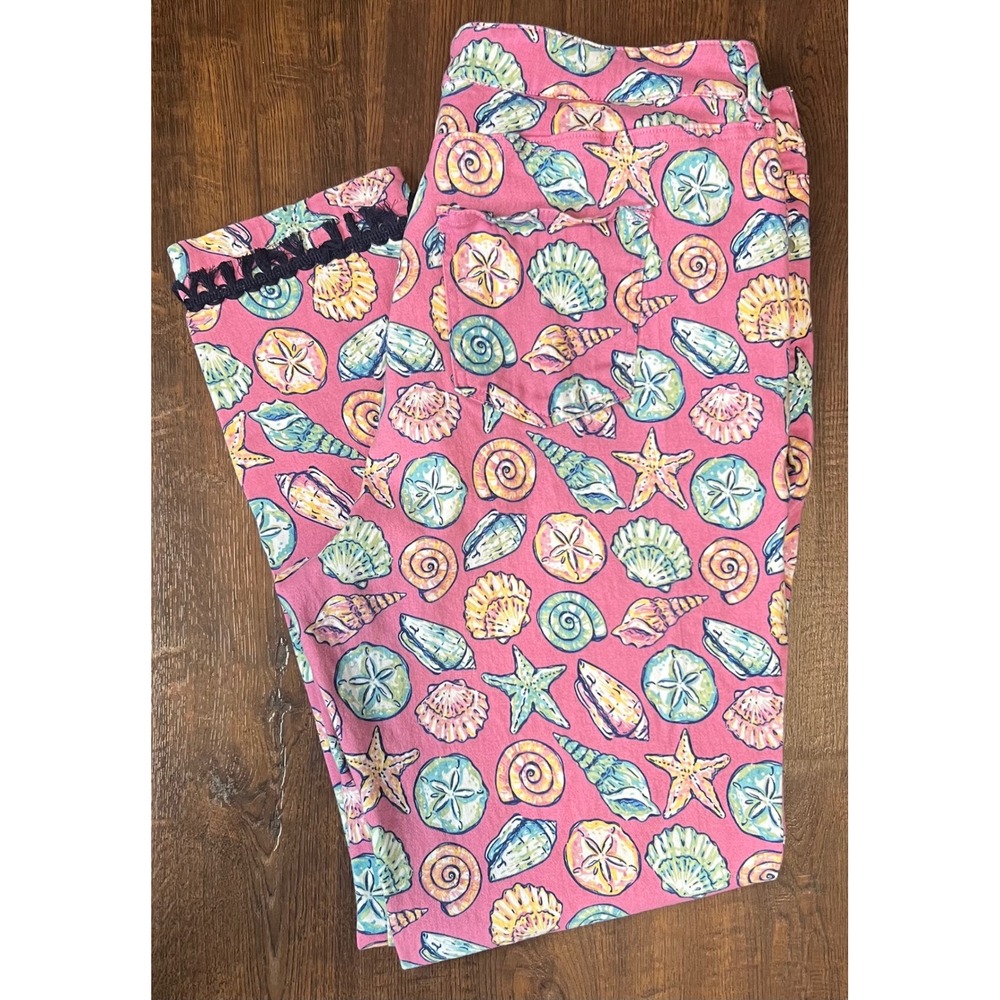 Simply Southern Pink Seashell Starfish Print Crop Pants Pom Pom Trim Womens XXL